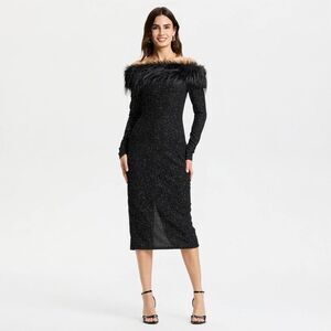 A New Day - Women's Long Sleeve Faux Fur Off the Shoulder Midi Black
